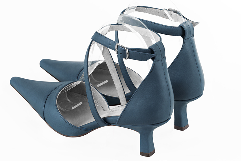 Denim blue women's open side shoes, with crossed straps. Pointed toe. Medium spool heels. Rear view - Florence KOOIJMAN